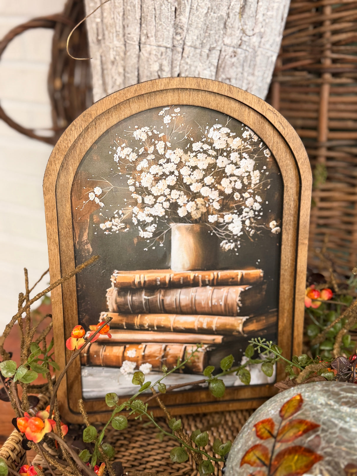 Arch Top Books With Flowers Framed Art
