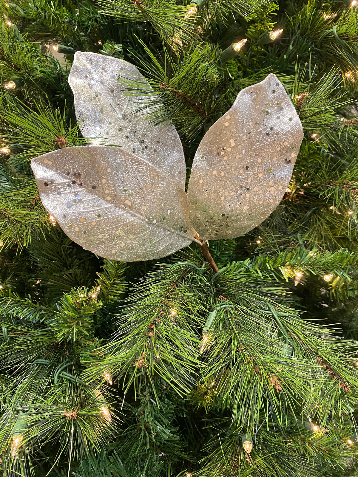 Platinum Glitter Metallic Magnolia Leaf Pick