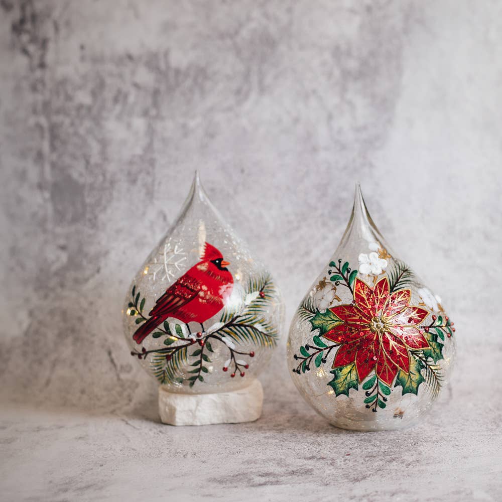 Poinsettia LED Glass Teardrop Luminary
