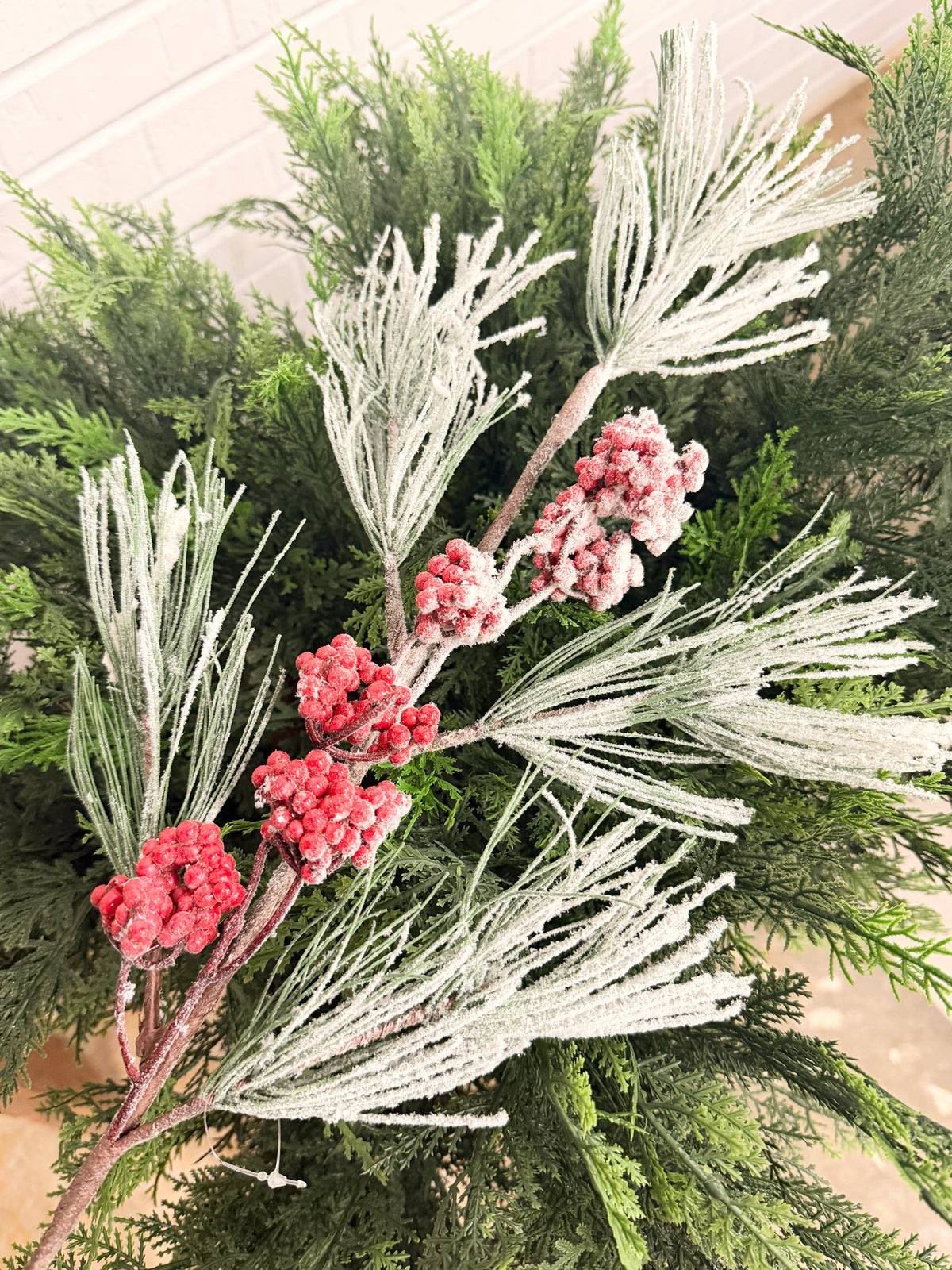 White Green Red Snow Pine Cone Berry Spray