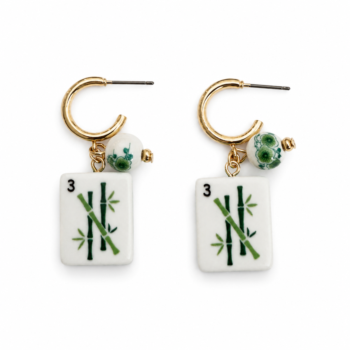 Jade Bamboo Mahjong Tile Charm Hoop Earrings