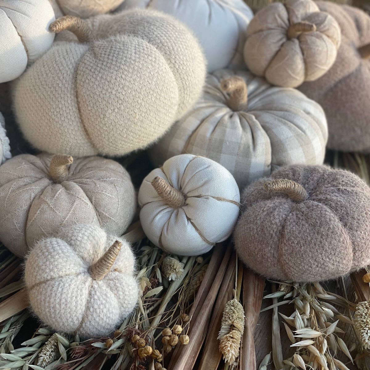 Large Tan Check Fall Fabric Pumpkin