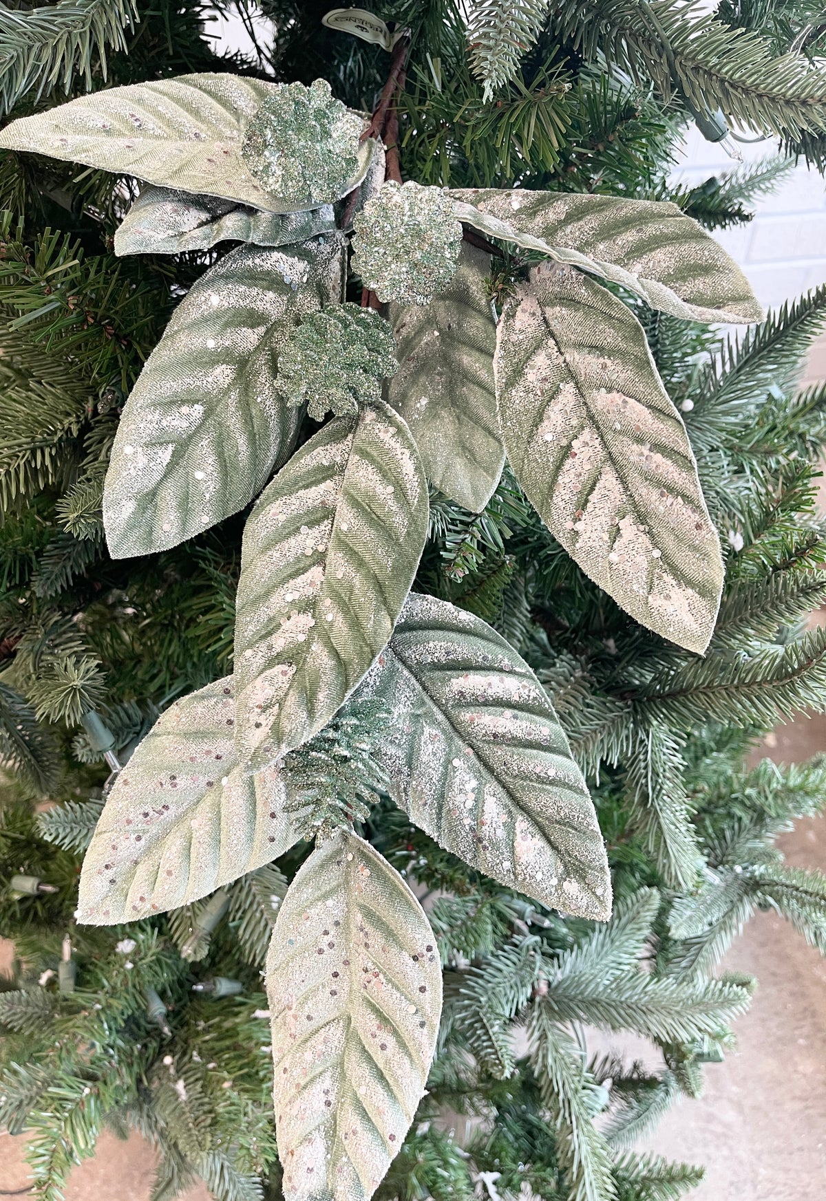 Green Velvet Glitter Cone Leaf Spray