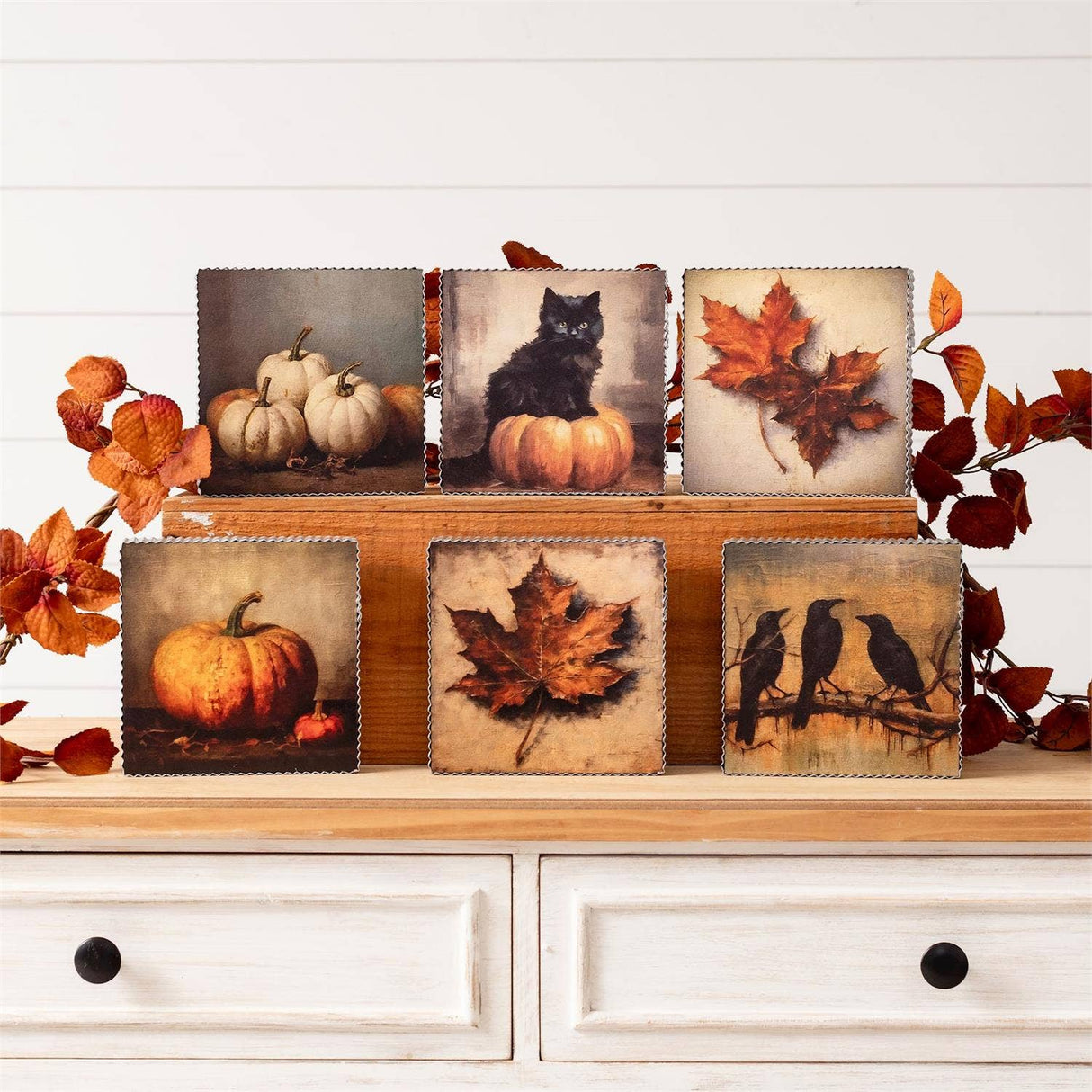 Close-up of fall still life shelf metal mini art detail from Magnolias Home Decor