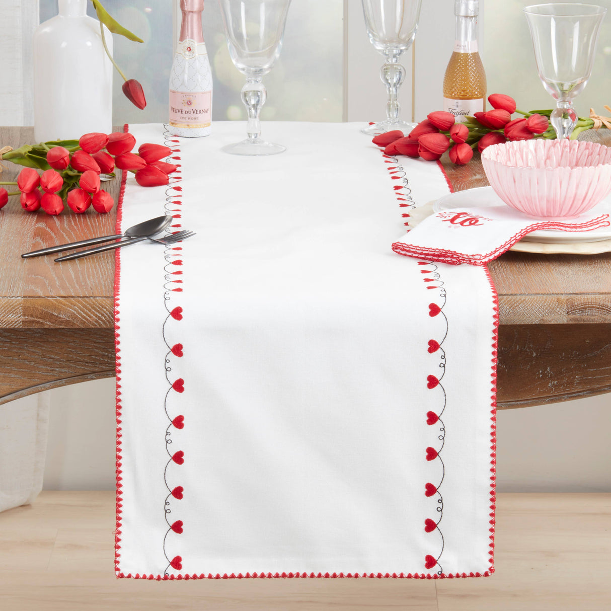 Embroidered Hearts Table Runner