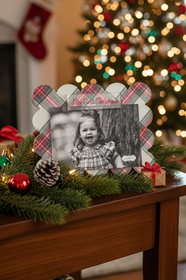 A scalloped wooden Christmas photo frame with a plaid border and the words 'Merry Christmas' at the top, holding a black-and-white photo of a young girl. The frame sits on a wooden table decorated with green pine garlands, red ornaments, and a small wrapped gift, with a blurred Christmas tree in the background.