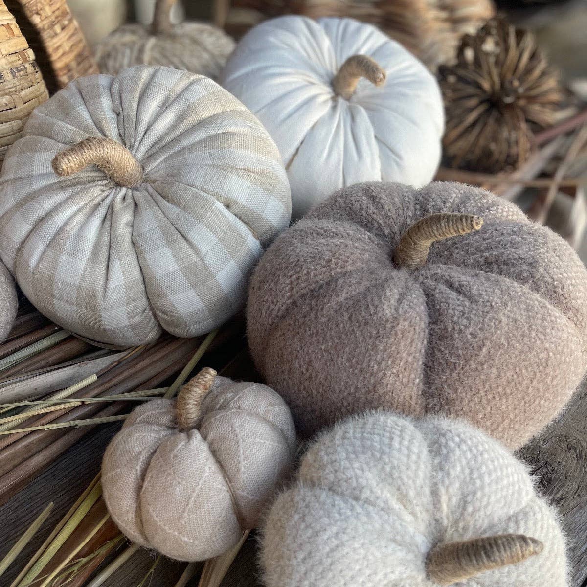 Large Tan Check Fall Fabric Pumpkin