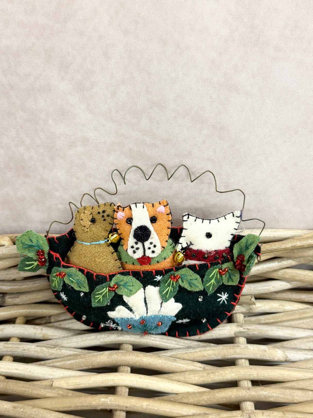 Handmade Three Dogs Basket Ornament