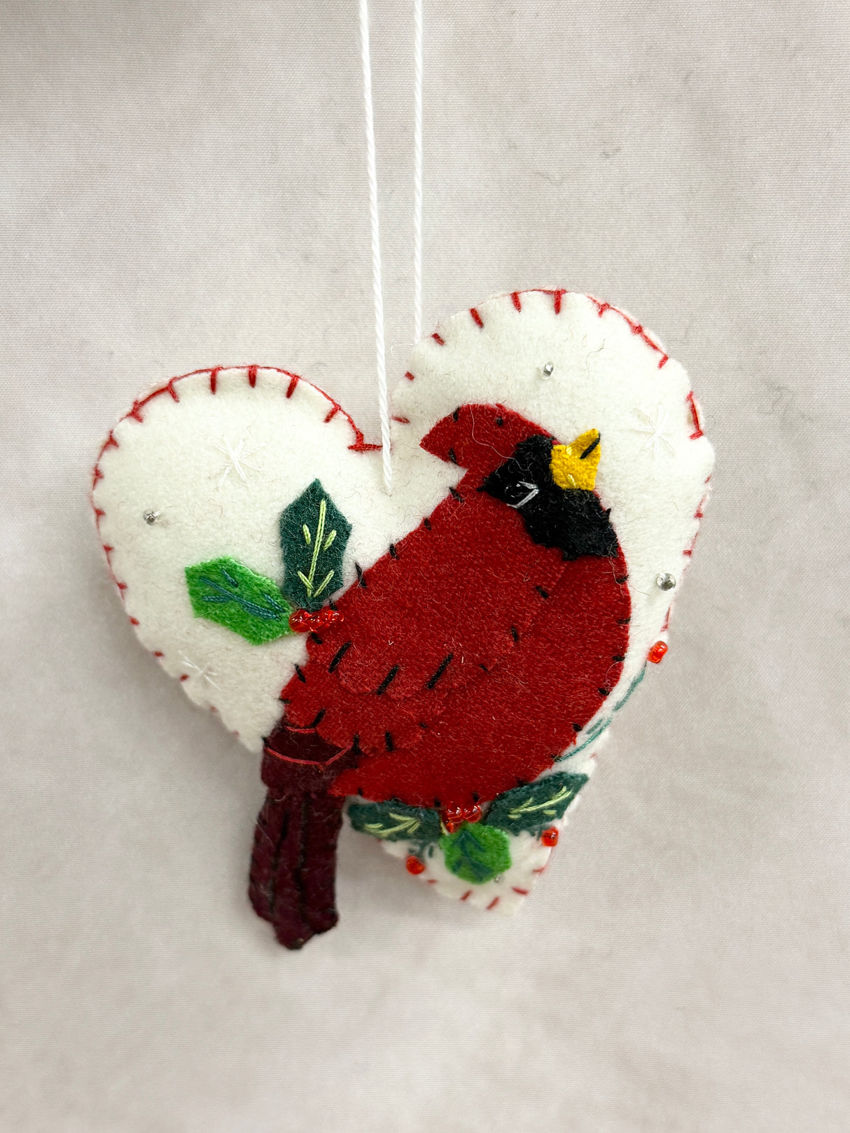 Handmade White Heart & Bird Ornament