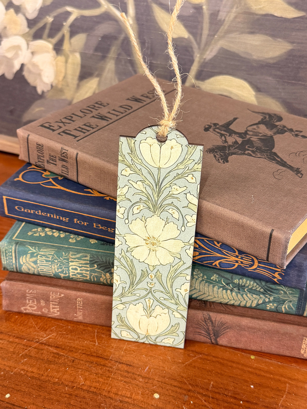 Dusty Blue Floral Wood Bookmark