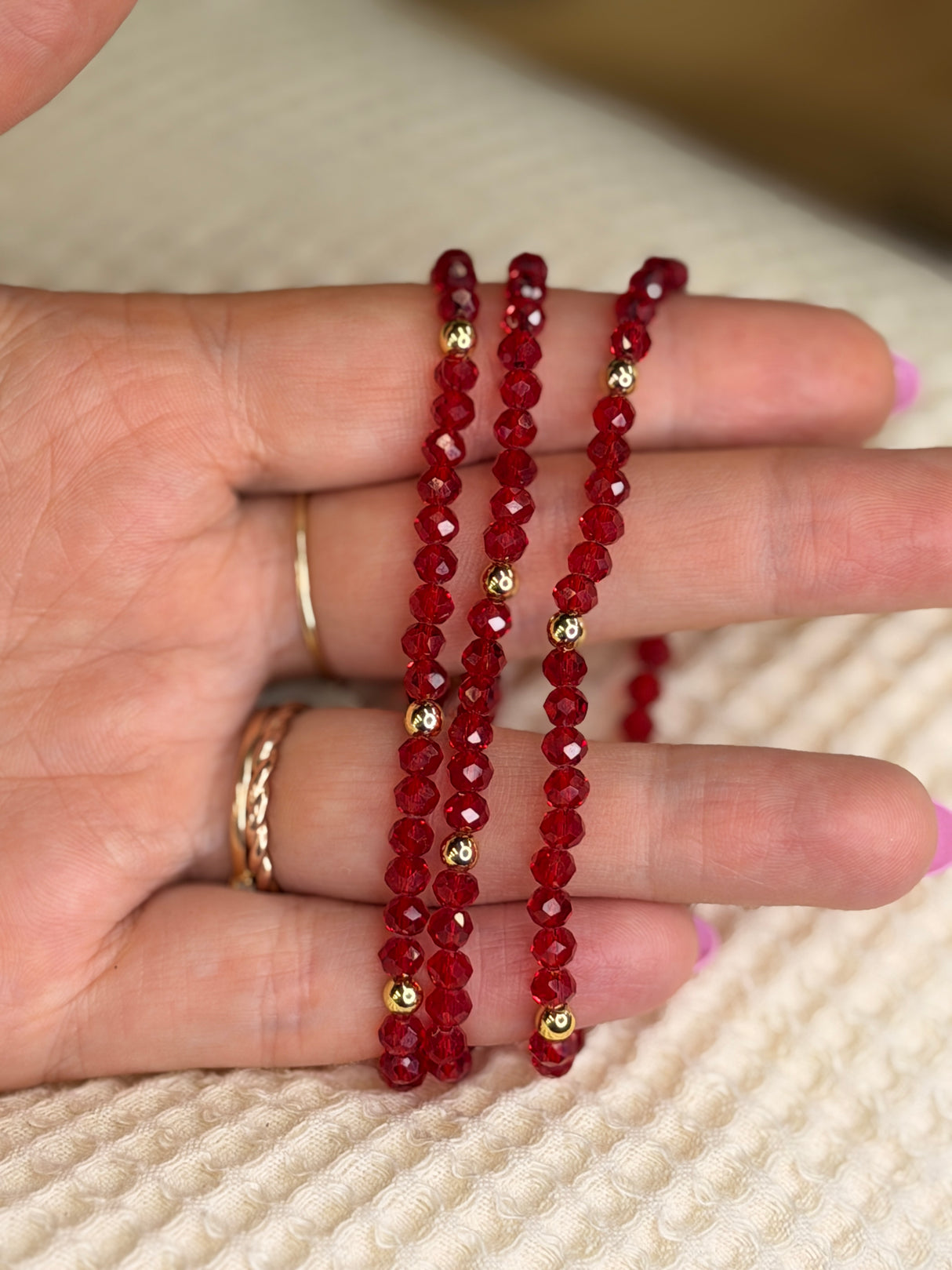 Red with Gold Ball Stretchy Facet Mila-Mix Bracelet