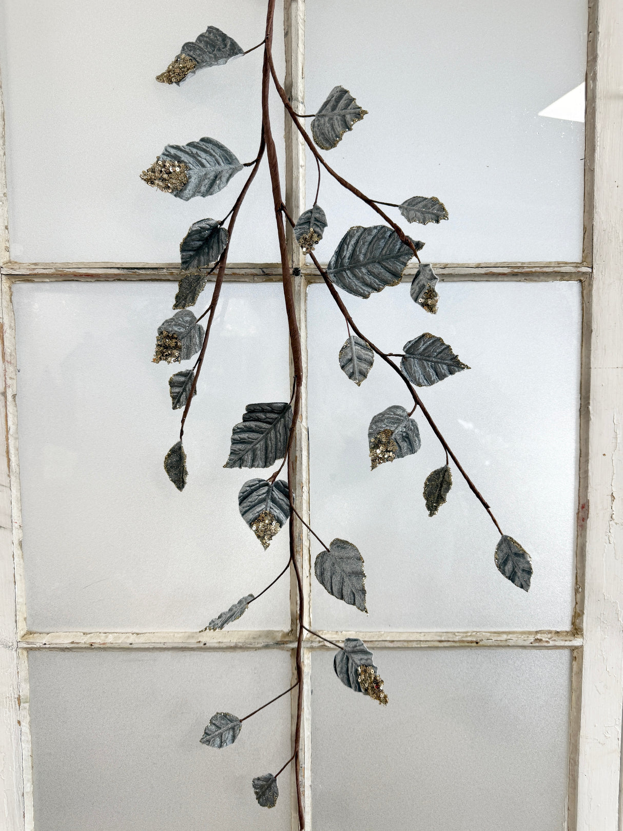 Blue Grey Glitter Velvet Draping Leaf