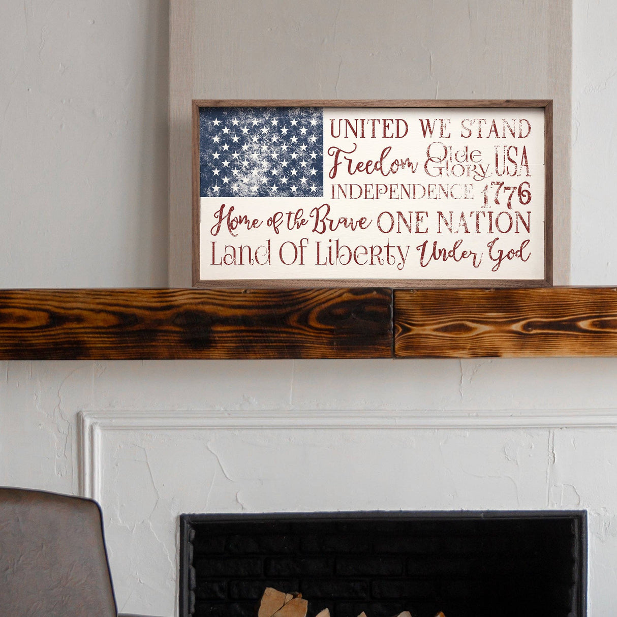 USA Flag Words White Wood Art