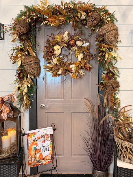 Gold brown laurel & ruscus leaf garland styled for Christmas home decor from Magnolias Home Decor