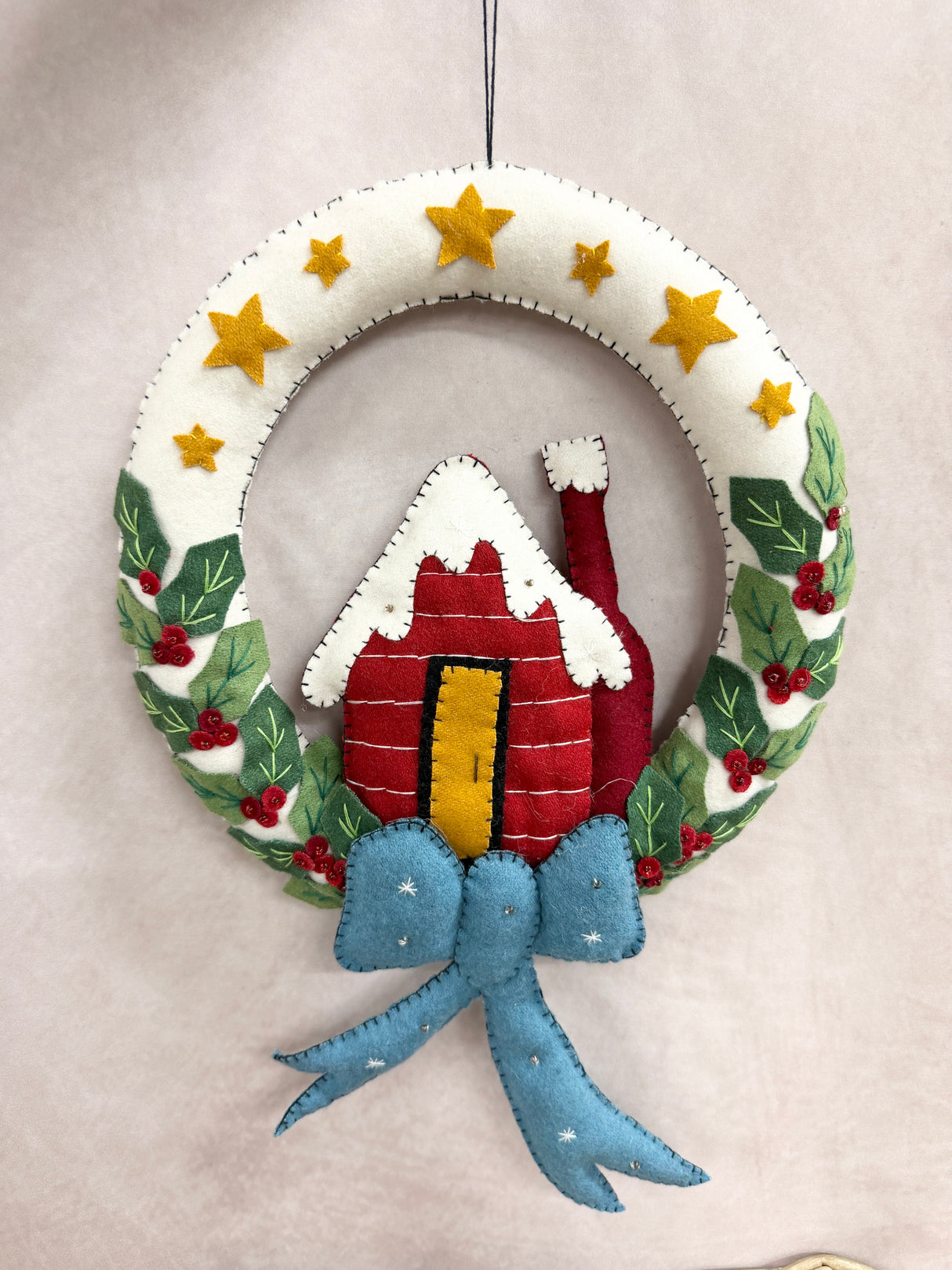 Handmade White Wreath & Red House Ornament