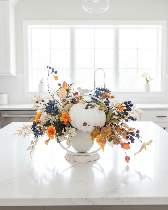 An autumn-themed floral centerpiece with a white pumpkin, blue berries, and orange flowers arranged in a white urn on a white kitchen island, with a bright modern kitchen in the background.