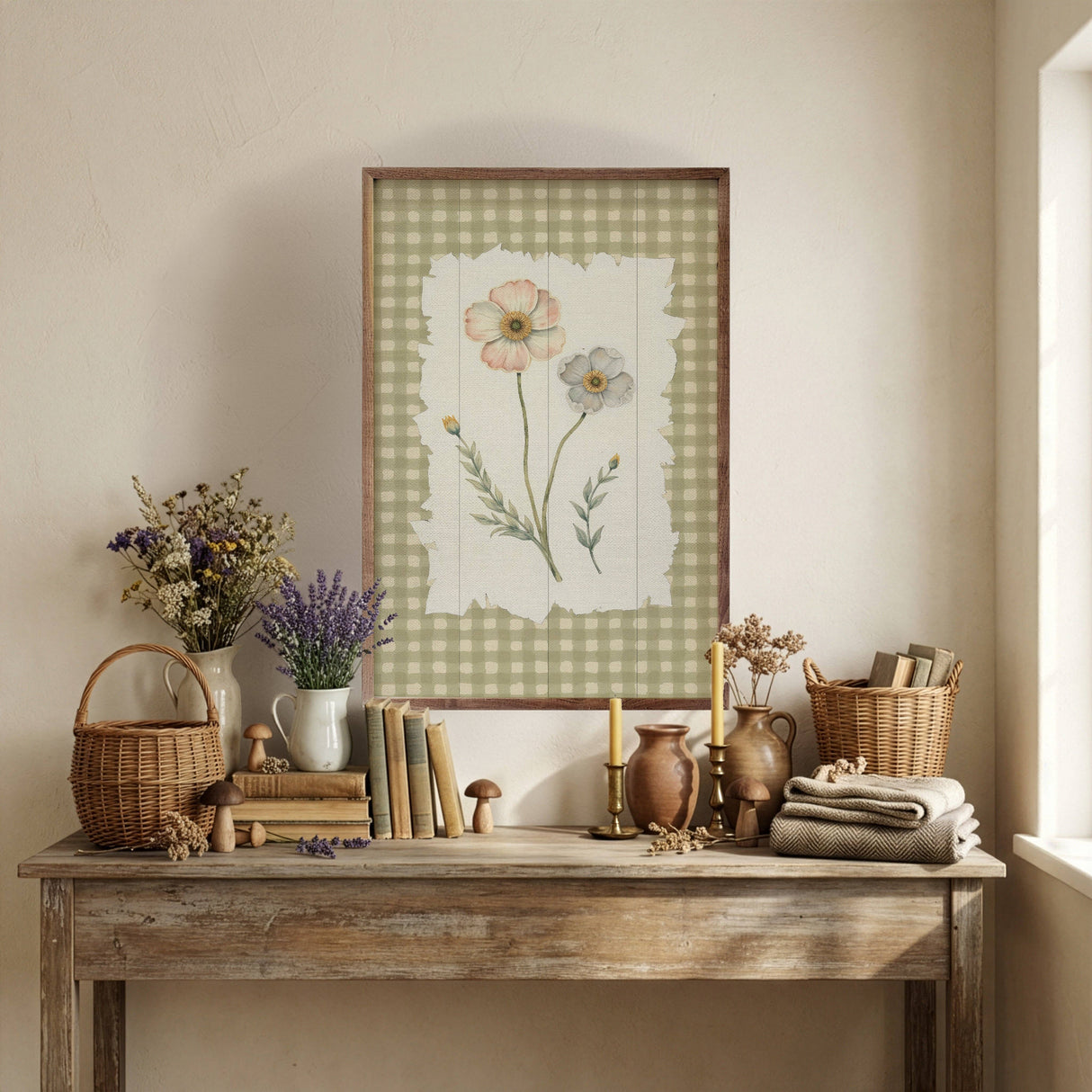 Gingham Flower Print Wood Art