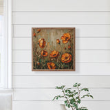 Orange Poppies Dark Grass Wood Art