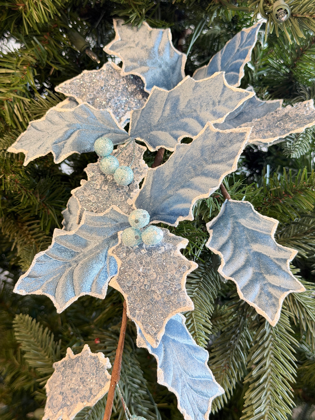 Silver Blue Glitter Sequin Holly Spray