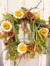 Silk floral rust orange sunflower daze wreath 32 inch handmade outdoor safe for farmhouse traditional fall home decor from Magnolias Home Decor