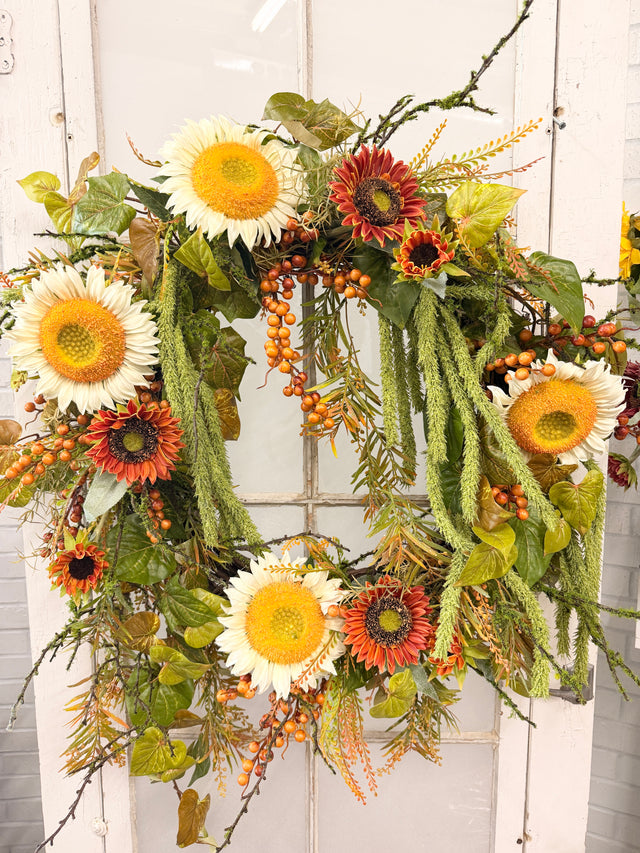 Silk floral rust orange sunflower daze wreath 32 inch handmade outdoor safe for farmhouse traditional fall home decor from Magnolias Home Decor