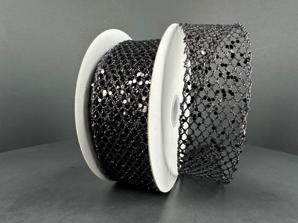 1.5" Black Glitter Net Ribbon Bolt