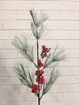 White Green Red Snow Pine Cone Berry Spray