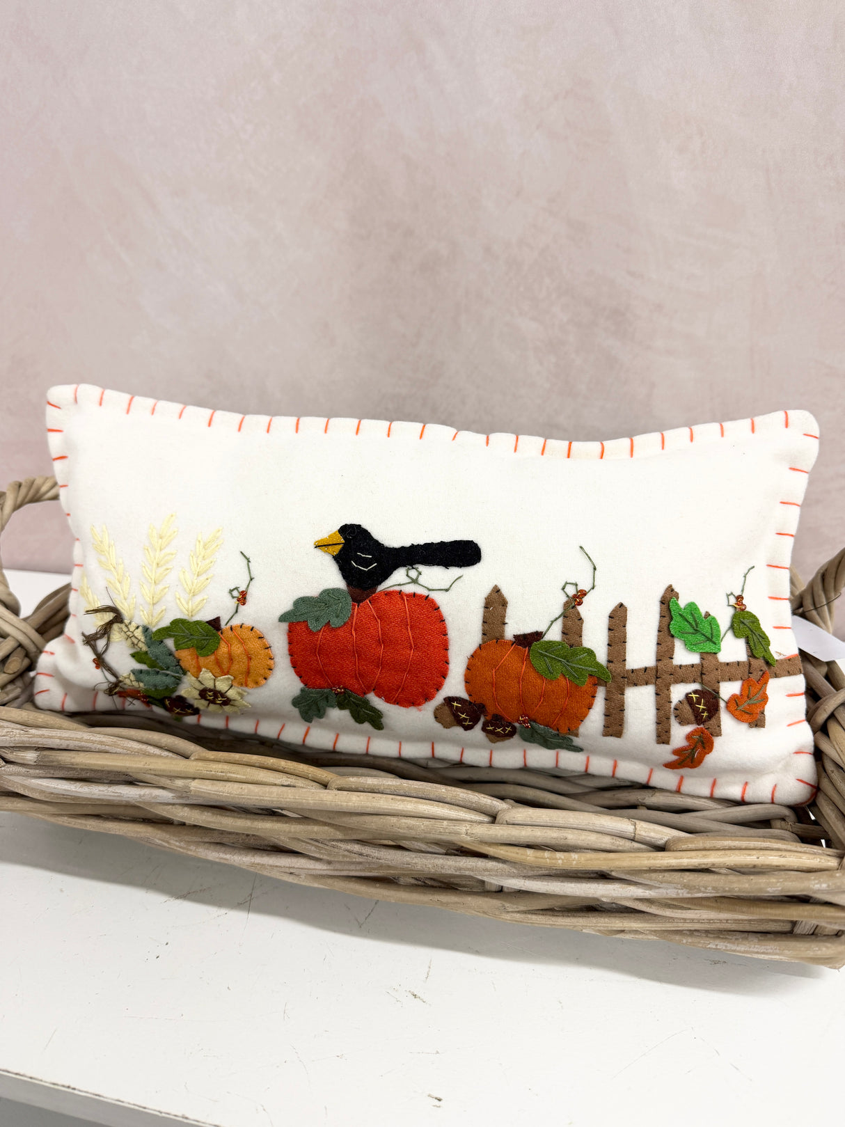 Handmade 7x15 Pumpkin & Crow Pillow