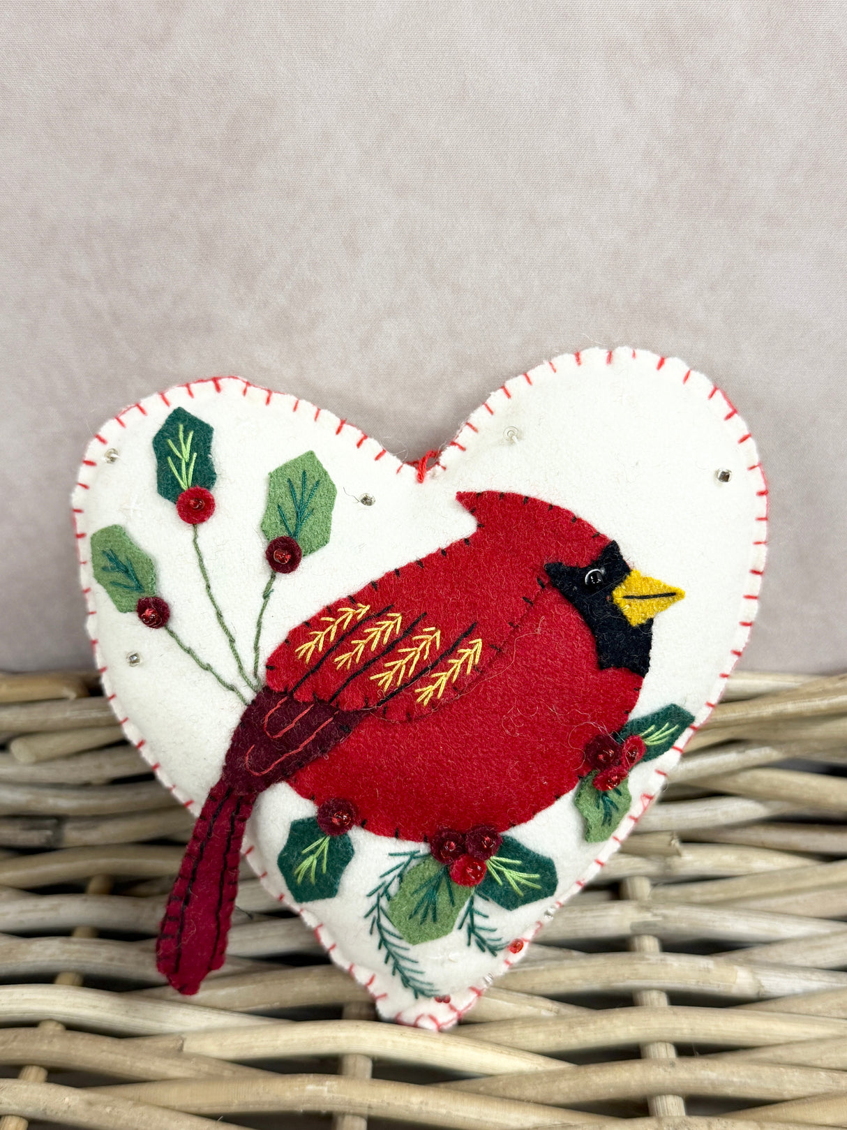 Handmade Heart & Cardinal Ornament