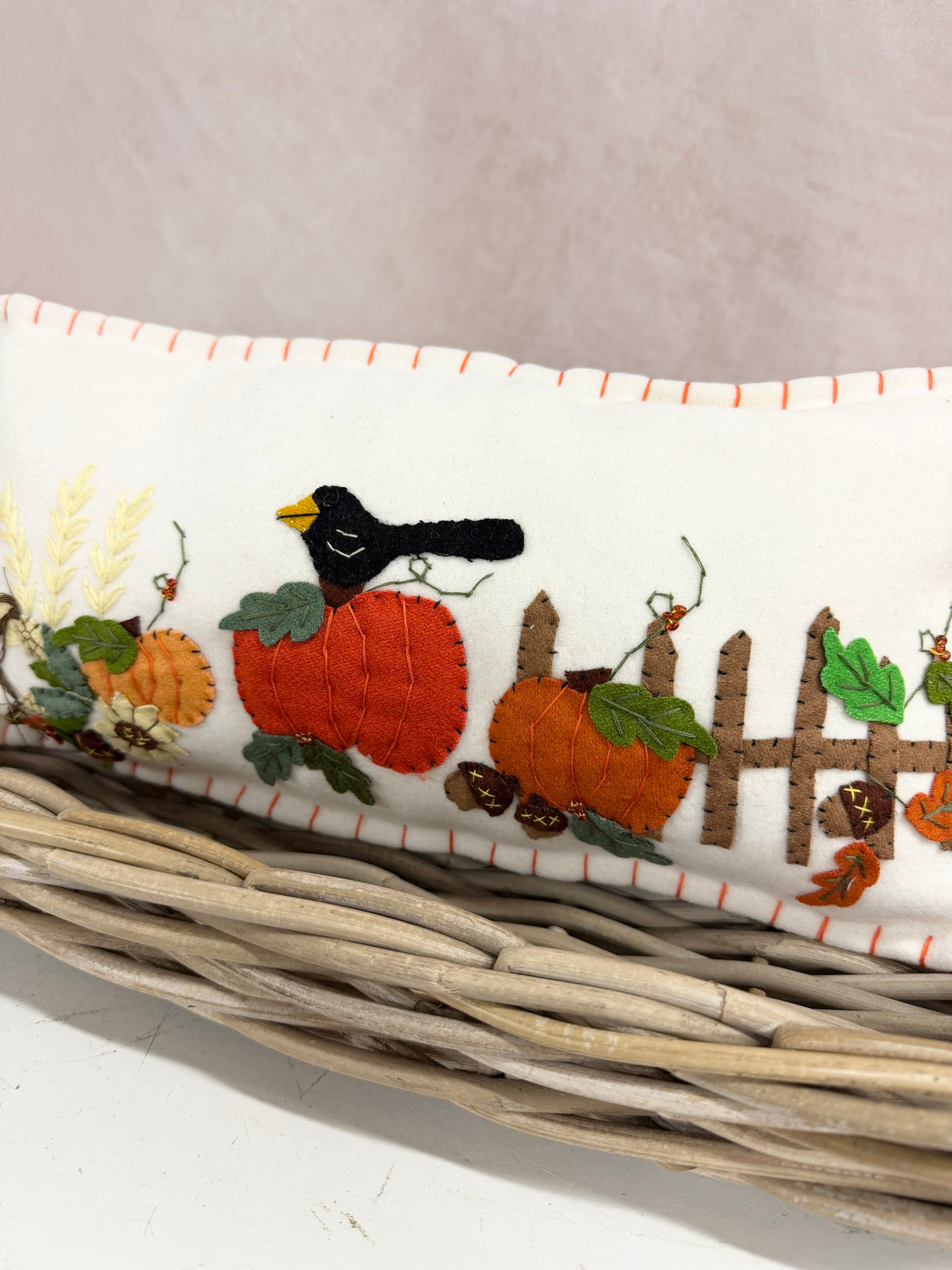 Handmade 7x15 Pumpkin & Crow Pillow
