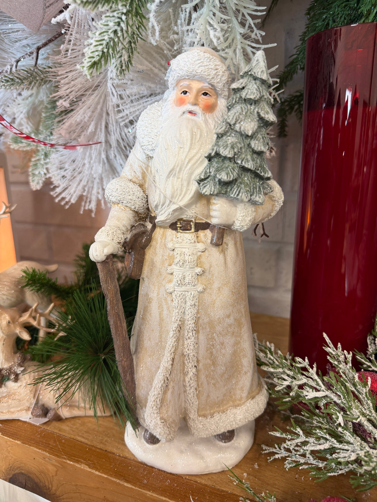 Vintage Resin Santa with Cane and Tree