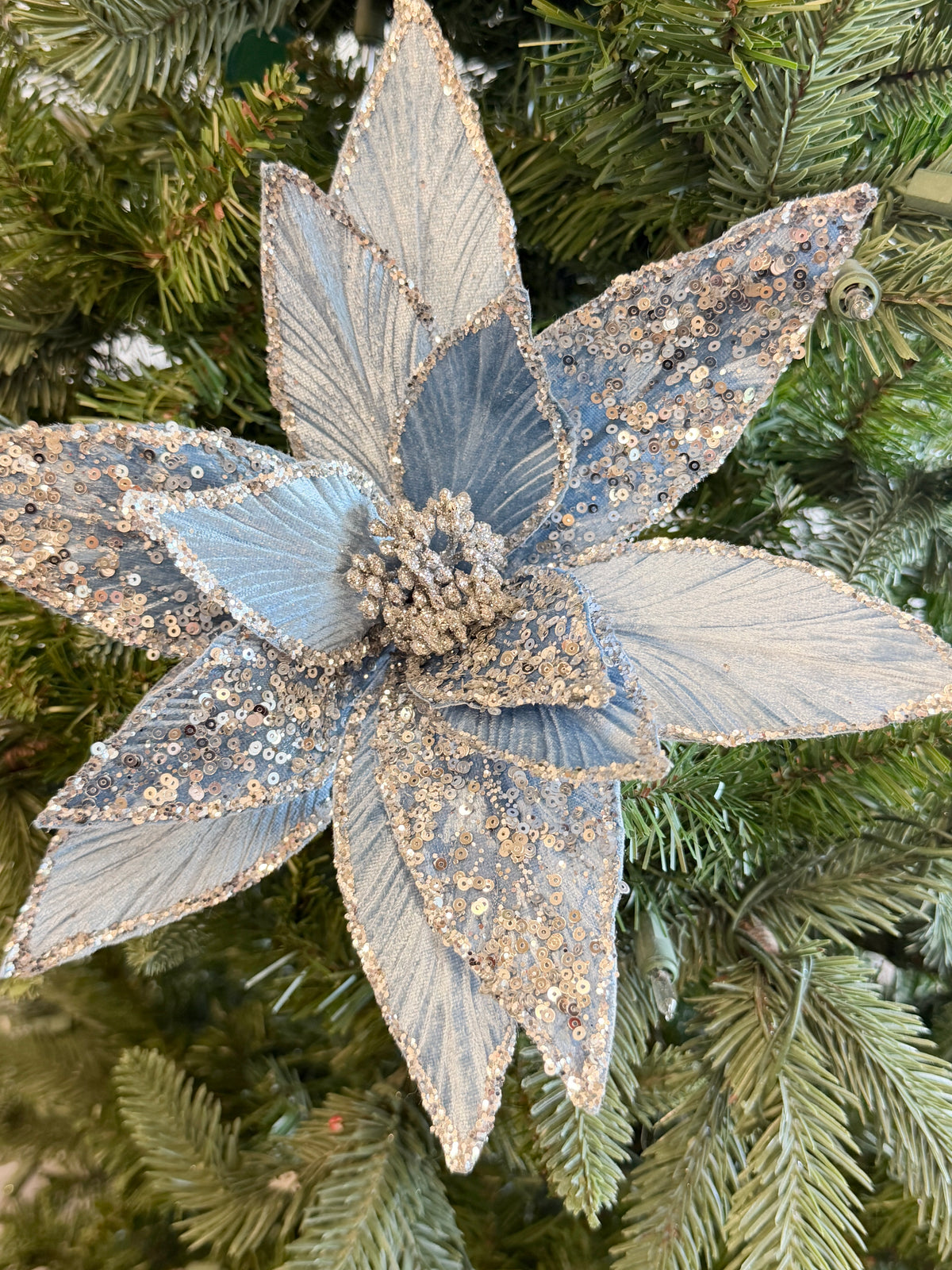 Silver Blue Glitter Sequin Velvet Poinsettia Stem