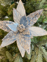 Silver Blue Glitter Sequin Velvet Poinsettia Stem