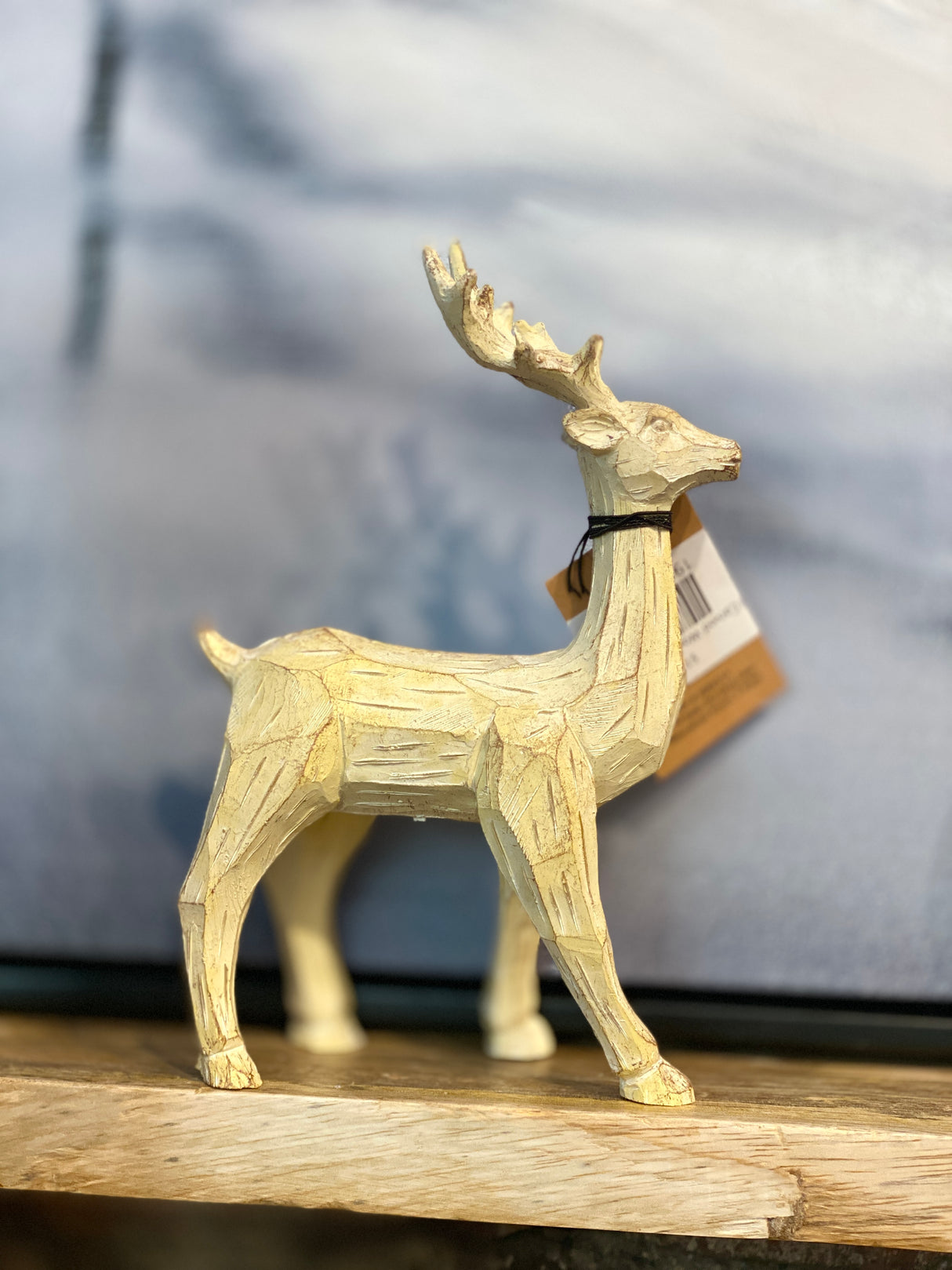 Whitewashed Carved Wood Finish Resin Deer