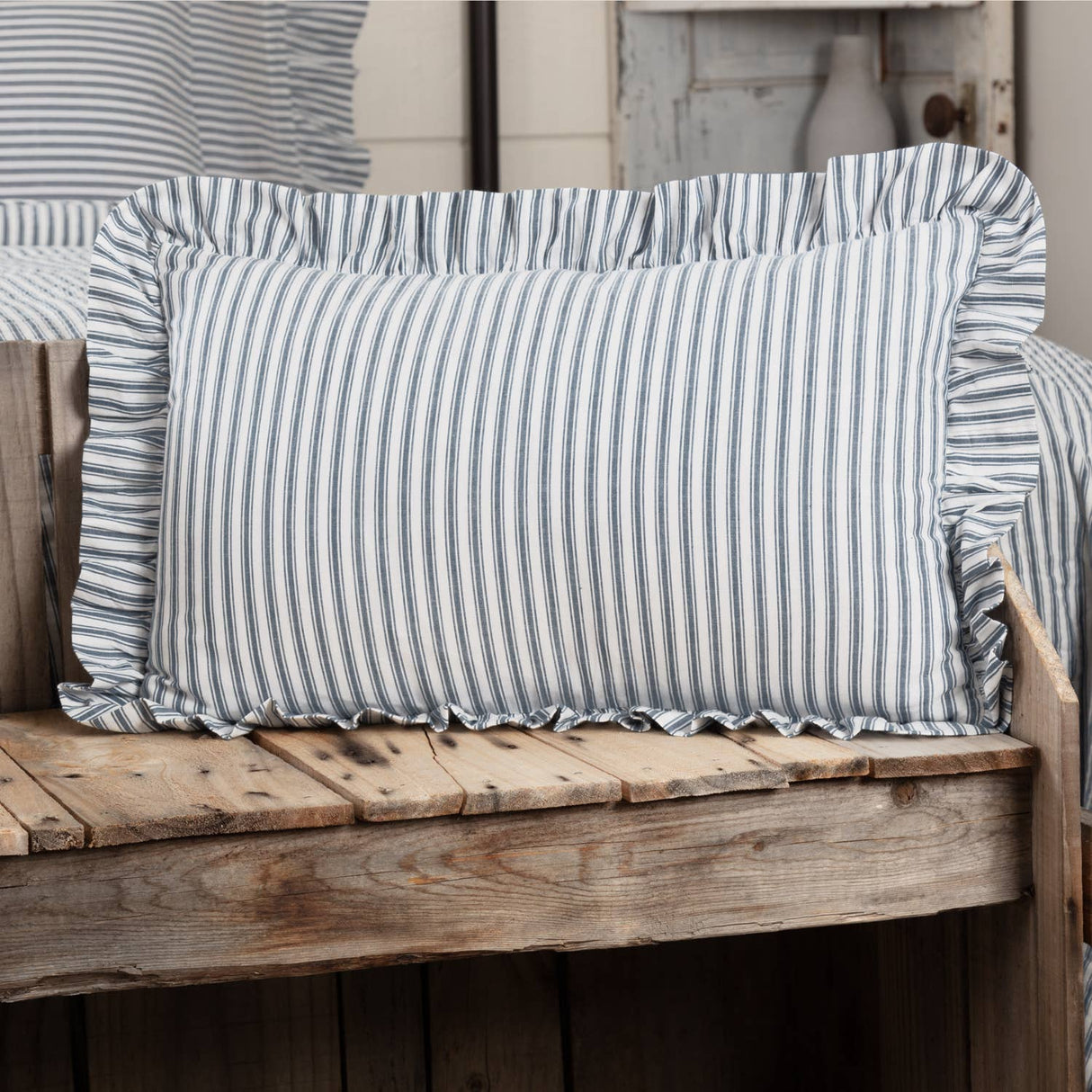 Sawyer Blue Ticking Stripe Ruffled Throw Pillow