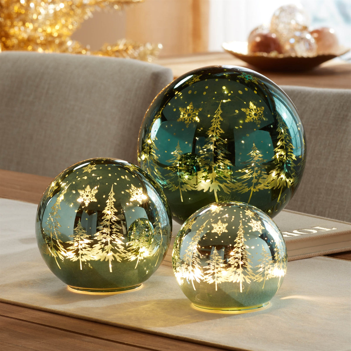 Blue Lighted Glass Tree Globe Set