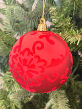 Red Flocked Scroll Ball Ornament