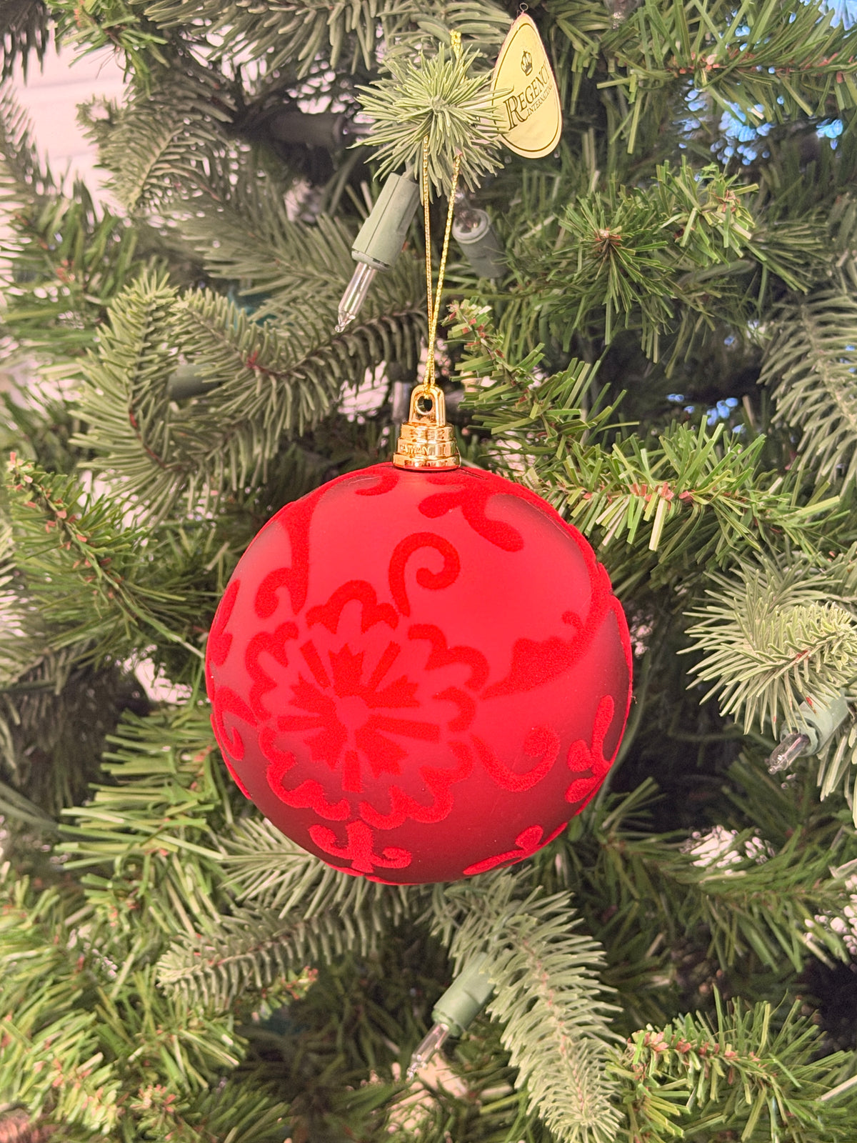 Red Flocked Scroll Ball Ornament