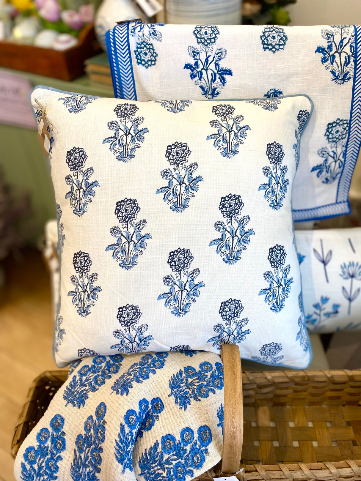 Large Scale Block Print Blue Pillow