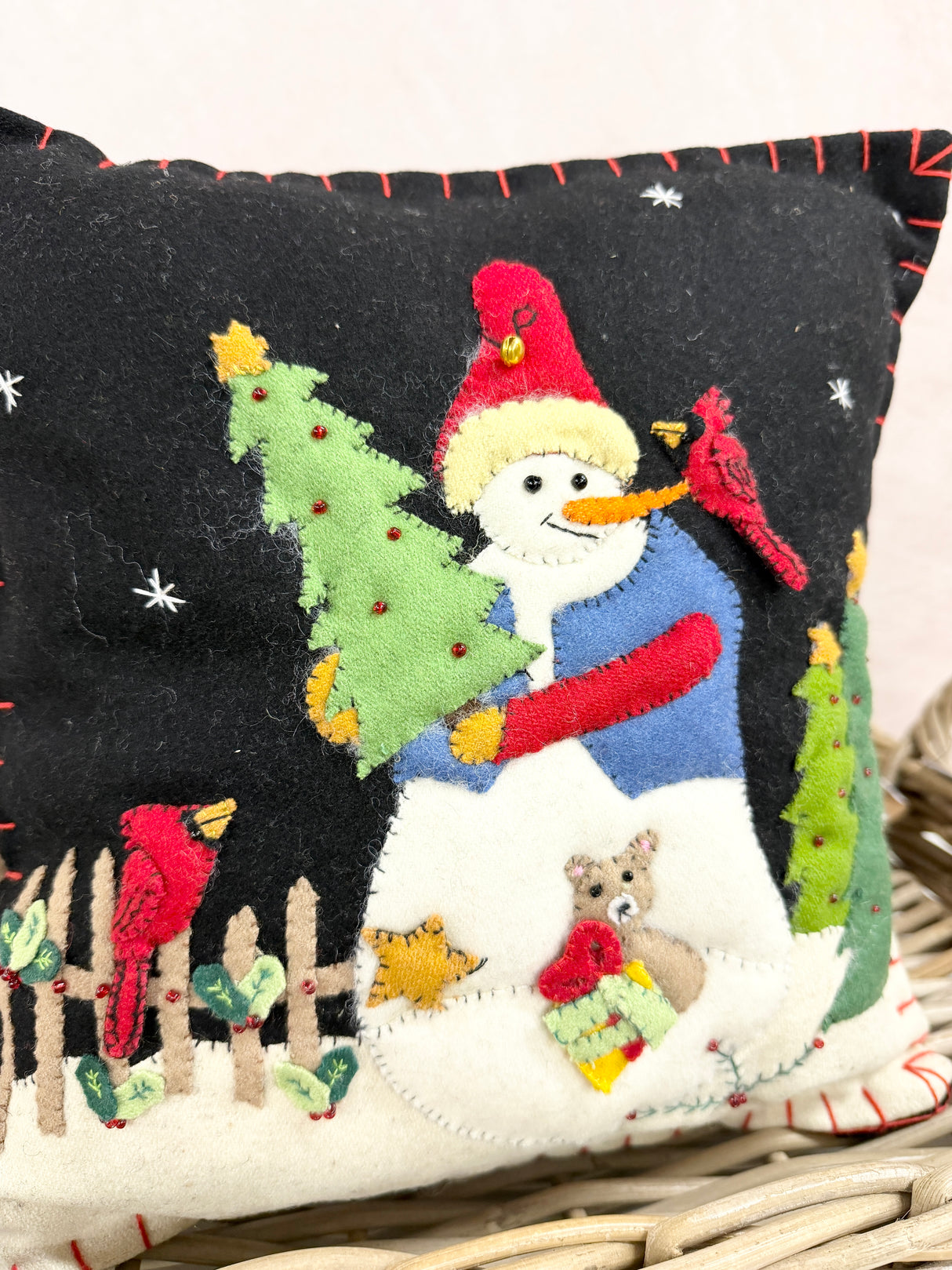 Handmade Black Candy Cane Snowman Pillow
