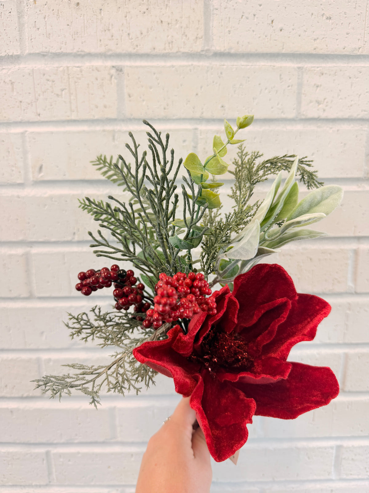 Red Magnolia Flower Berry & Pine Spray