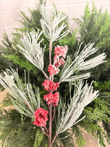 White Green Red Snow Pine Cone Berry Spray