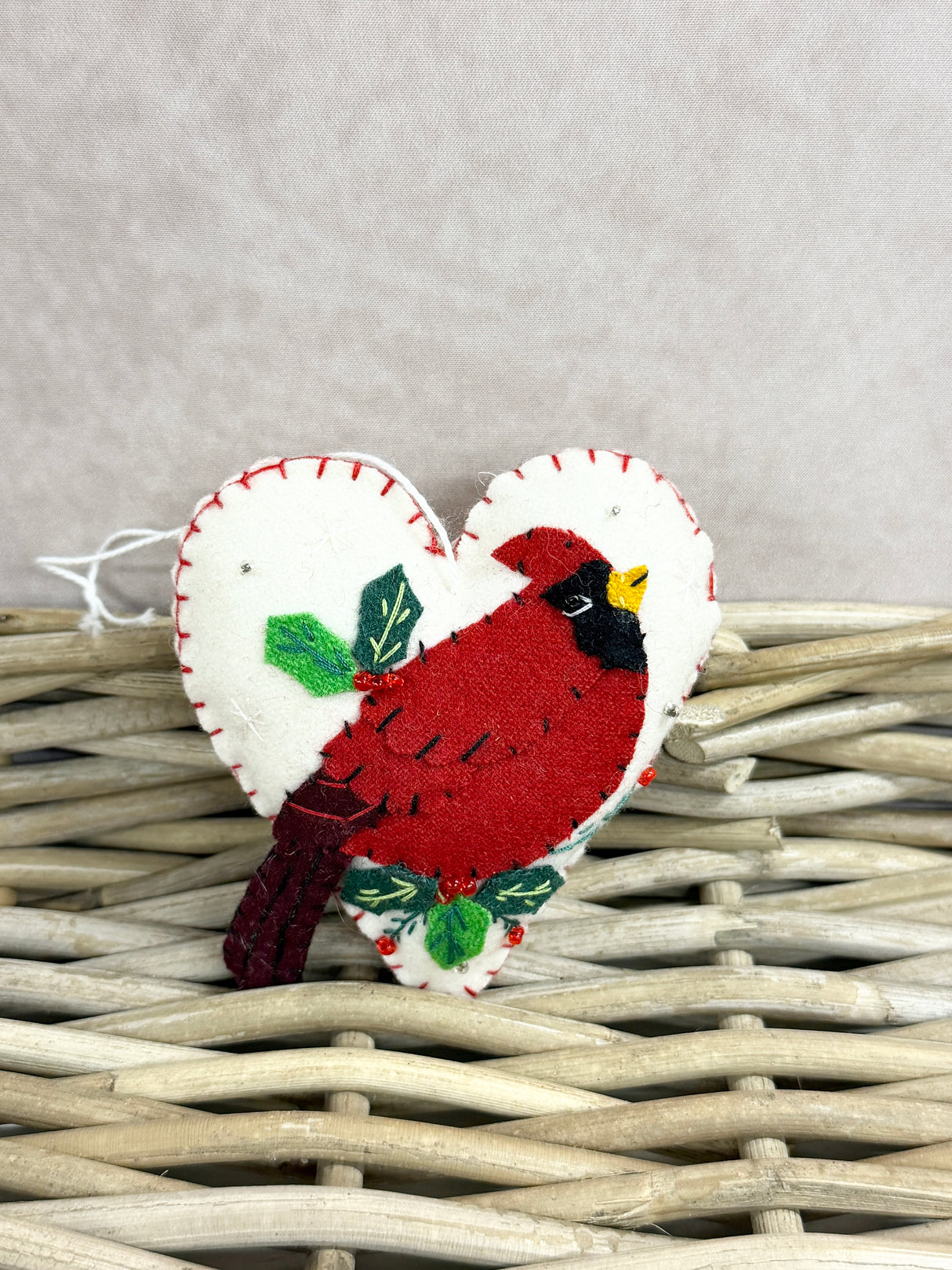 Handmade White Heart & Bird Ornament