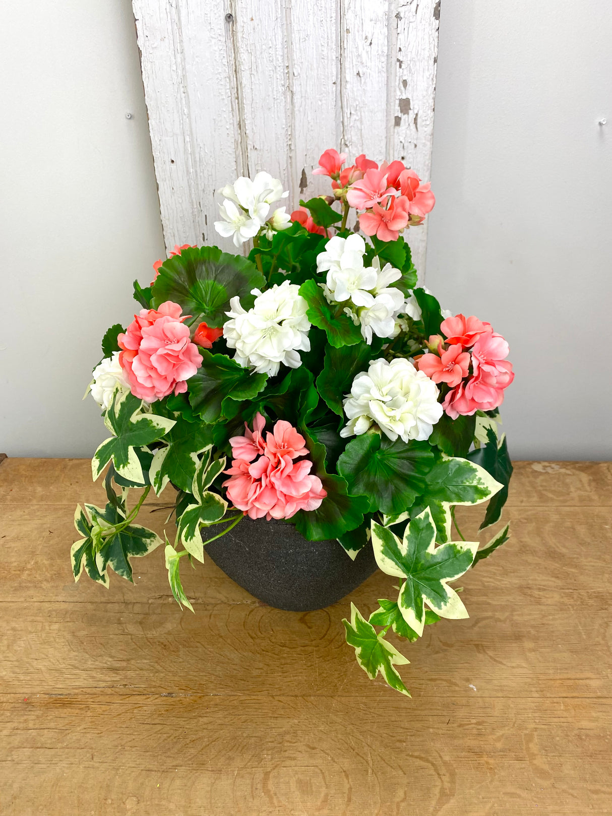 17" UV Protect Coral and White Geranium Pot-Filler