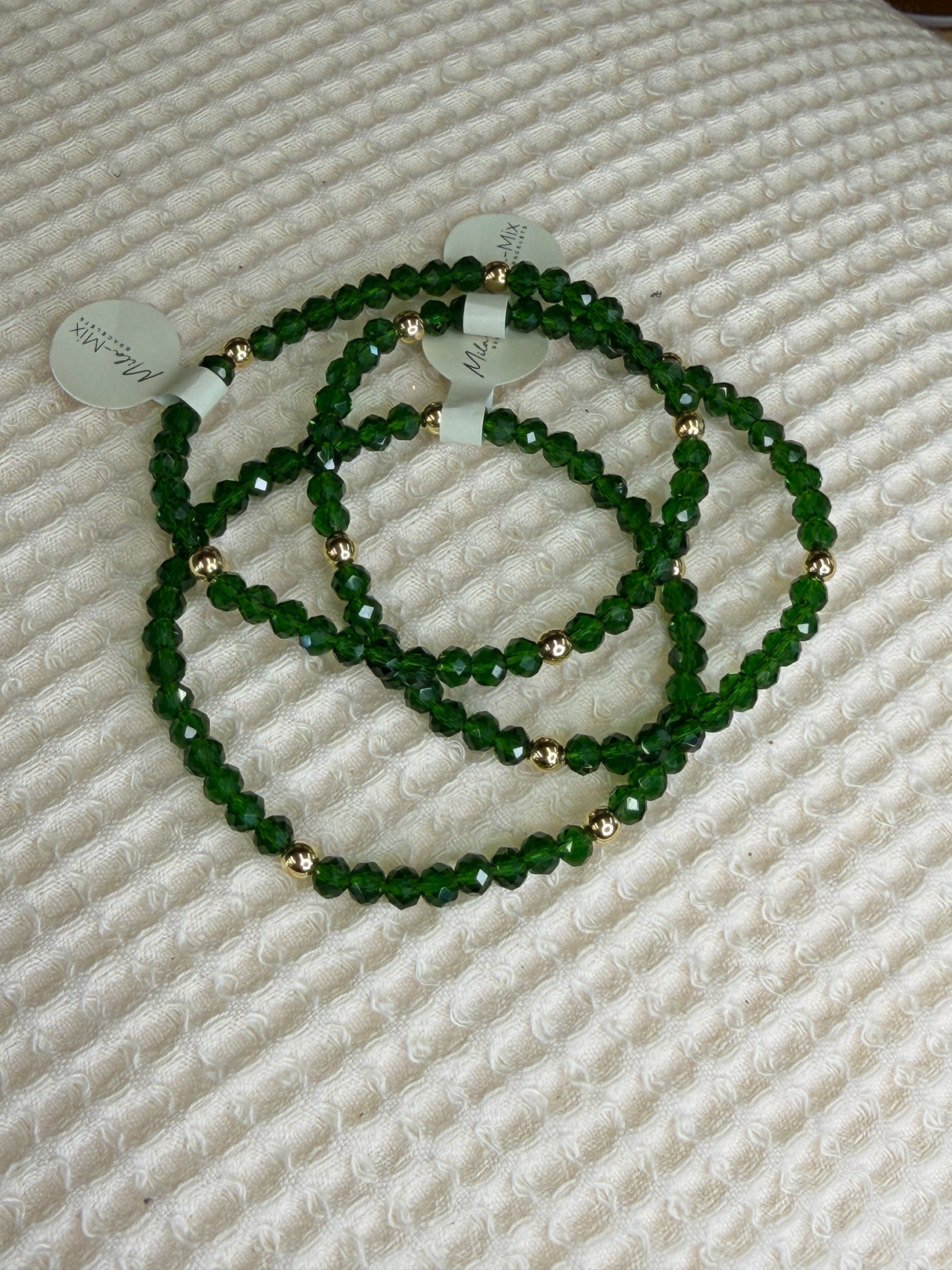 Forest Green with Gold Ball Stretchy Facet Mila-Mix Bracelet