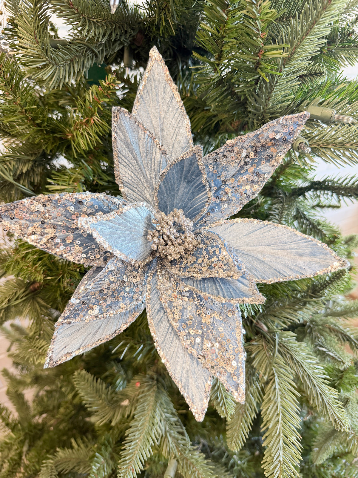 Silver Blue Glitter Sequin Velvet Poinsettia Stem