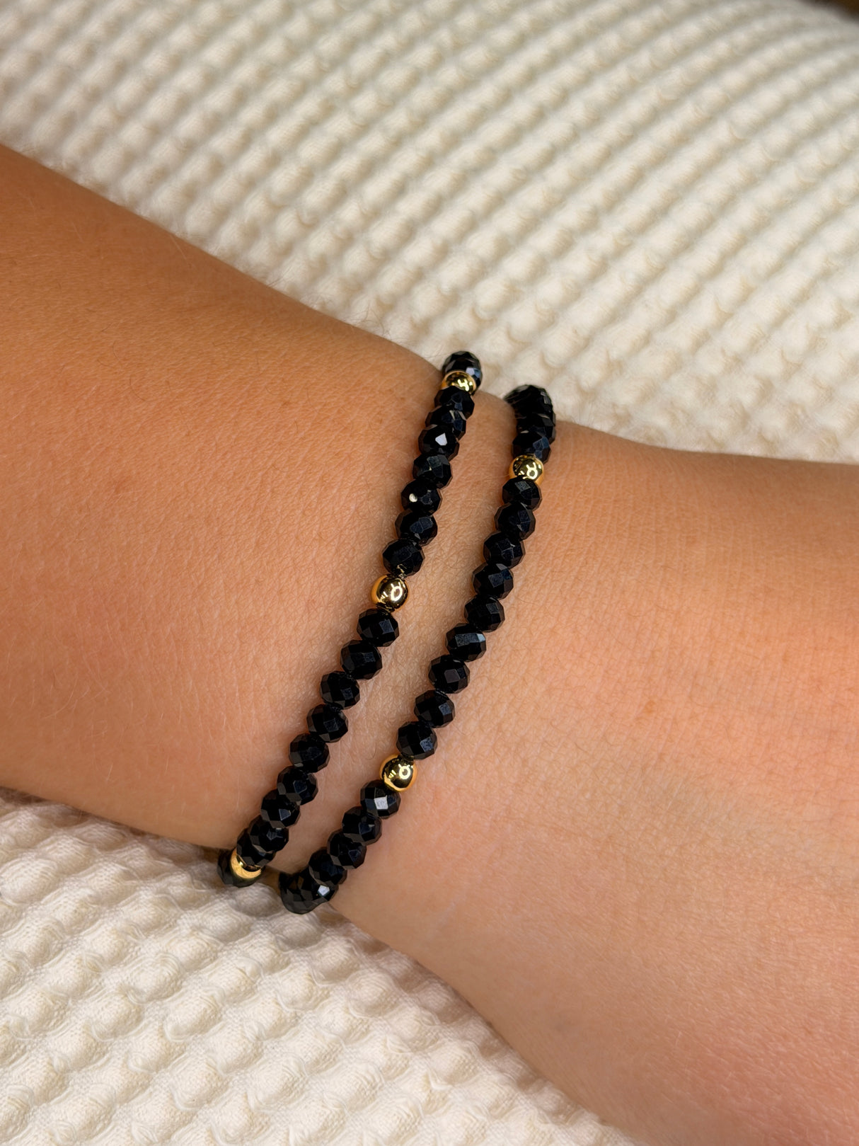 Jet Black with Gold Ball Stretchy Facet Mila-Mix Bracelet