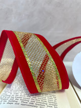 2.5" Red And Gold Velvet Mesh Middle Ribbon Bolt