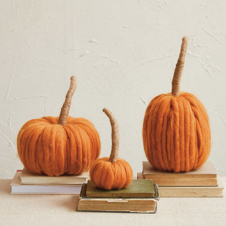 Orange Wool Pumpkin with Jute Wrapped Stem