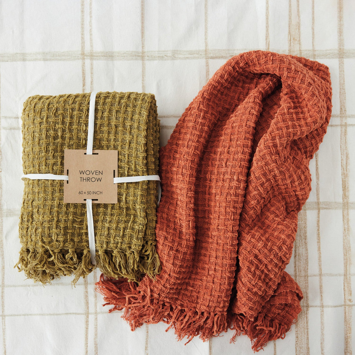 Olive Green Woven Chenille Waffle Weave Throw